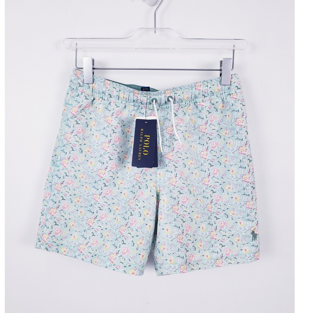 Polo Ralph Lauren Swim Trunk Lined Mint Green Pink Floral Boys Medium 10-12